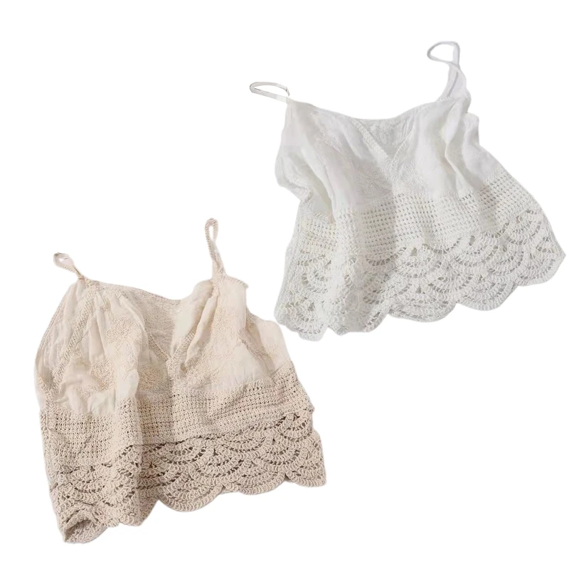 

Women Summer Spaghetti Strap Lace Crop Top Hollow Out Crochet Knit Irregular Wavy Hem Camisole Sexy V-Neck Embroidery Slim T8NB