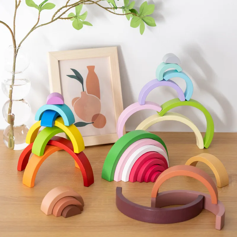 

DIY 3D Wooden Toys Rainbow Building Blocks Rainbow Stacker Creative Montessori Educational Toys for Children Kids Color Cognitio