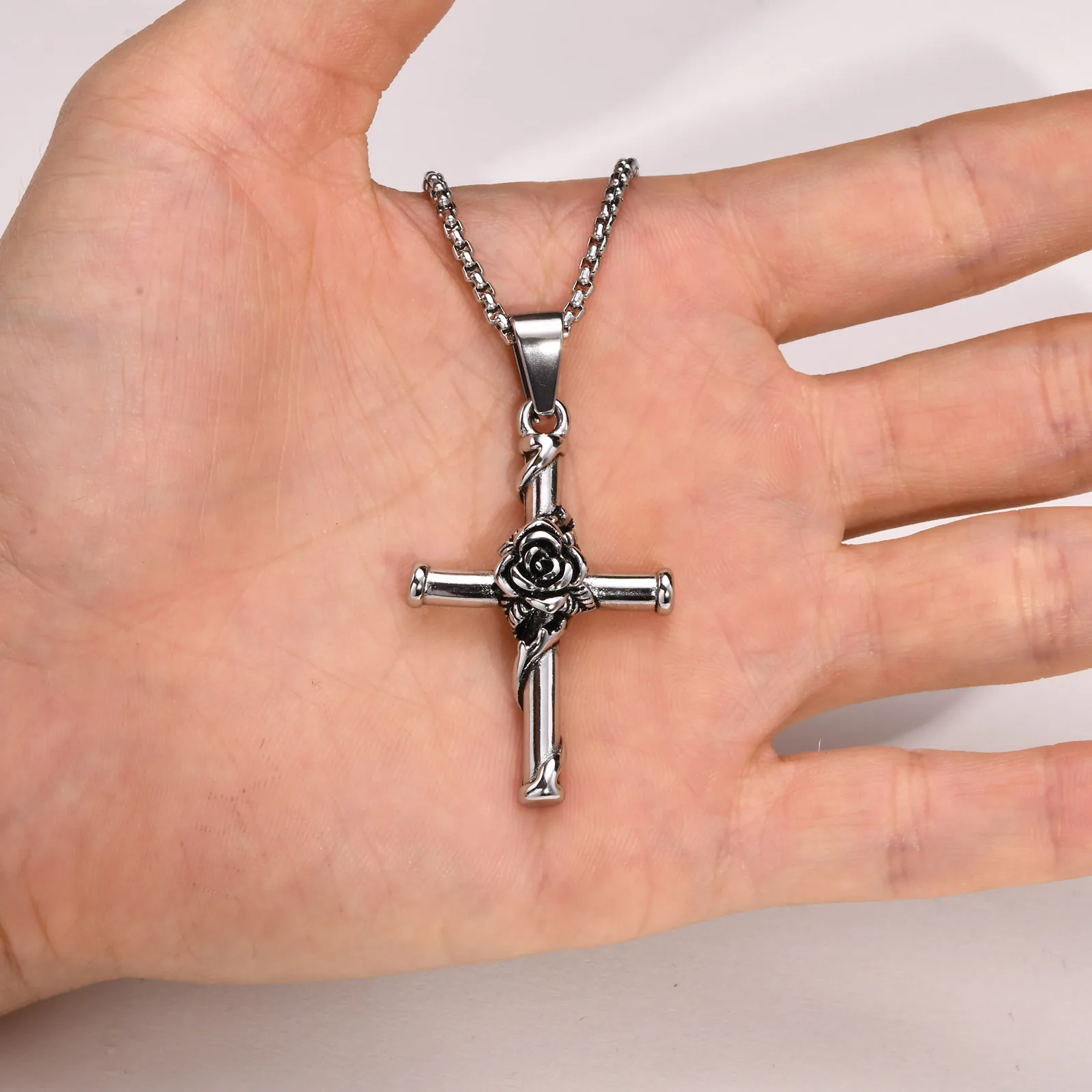 Rose Cross Necklace for Men Stainless Steel Floral Jewelry Religious