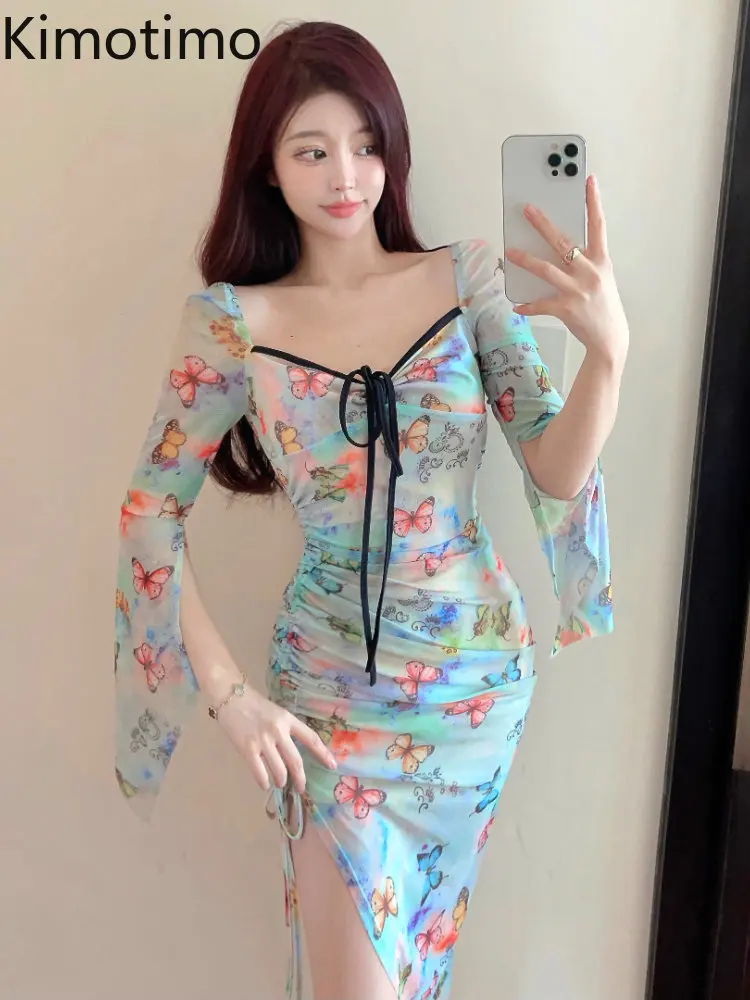 

Kimotimo женское Сетчатое Асимметричное Платье с принтом бабочки на шнуровке весенние облегающие платья средней длины французские милые Клубн...