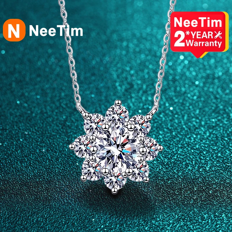 

NeeTim 1CT Moissanite Diamond Necklace For Woman Pendant 925 Silver Plated with White Gold Chains Party Bridal Fine Jewelry Gift