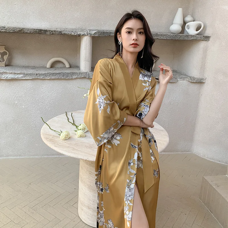 2023 New Nightgown Women's Spring and Summer Thin Section Ice Silk Satin Printing National Style Tie Morning Robe Bathrobe