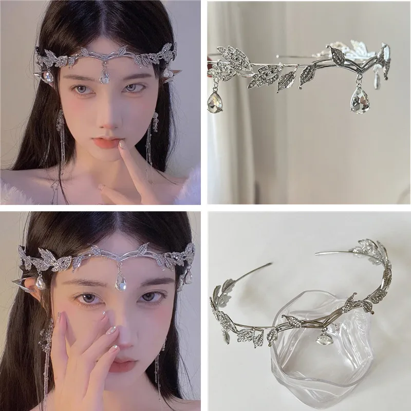 Crown Mori Girl Leaves Water Droplets Full of Drill Headgear Bride Super Fairy Large Princess Crown Wedding Accessories