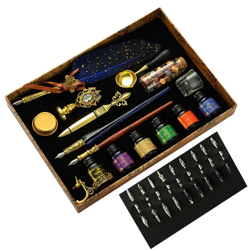 

Quill Pen And Ink Set Vintage Calligraphy Feather Pen For Writing Upgraded Wax Seal Stamp Kit With Replacement Nibs Pen Luxury