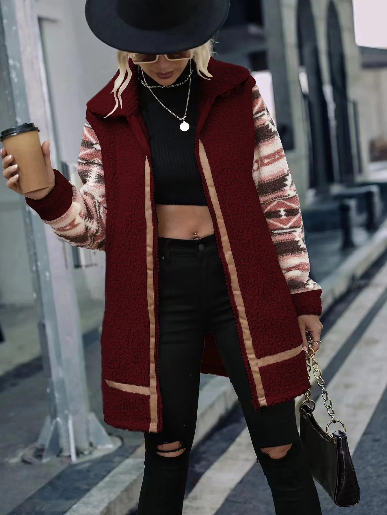Fashionable new style women's cardigan grainy color blocking printing lapel long splicing zipper plush coat
