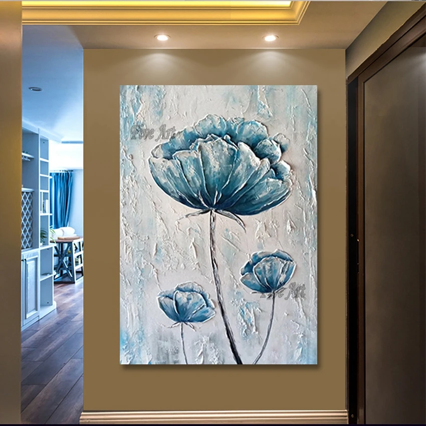 

Palette Knife Canvas Arts Blue Thick Texture Abstract Flower Painting Unframed Home Decoration Pieces Contemporary Wall Art