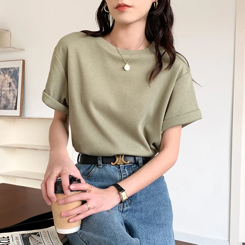 

Matcha Green Short-sleeve Basic T-shirt Women Korean Loose Half Sleeve O-neck Tees Tops Casual Solid Color Tshirt Female Clothes
