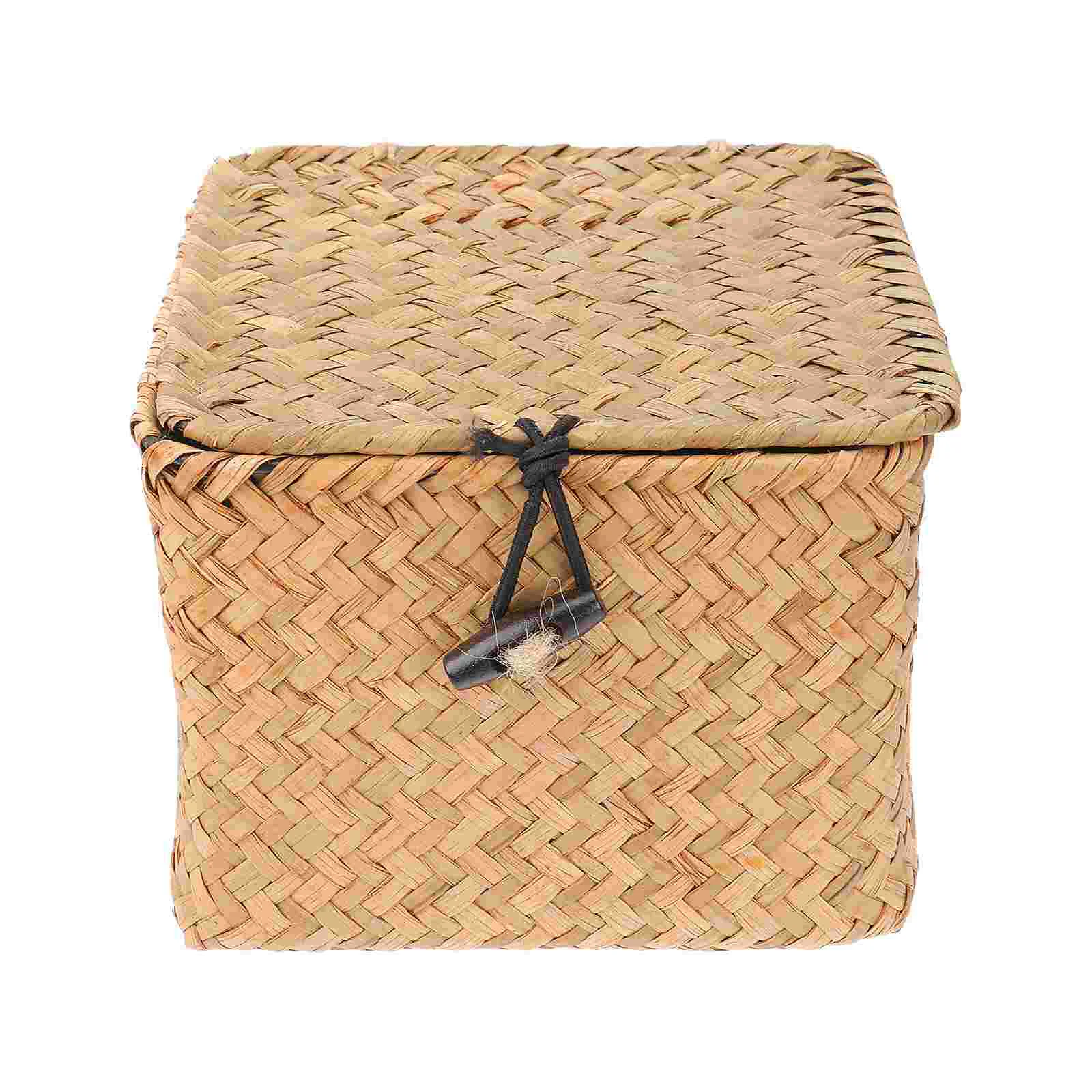 

Basket Storage Box Woven Wicker Baskets Lid Organizer Seagrass Rattan Straw Lids Tea Bins Handwoven Hyacinth Holder Seaweed Bin