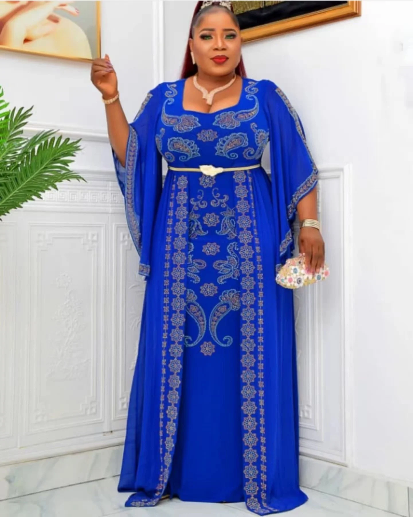 

Plus Size 2023 Fashion New Hot Diamond Temperament Commuting Leave Two Piece Set Square Neck Flare Sleeve Slim Fit Dress