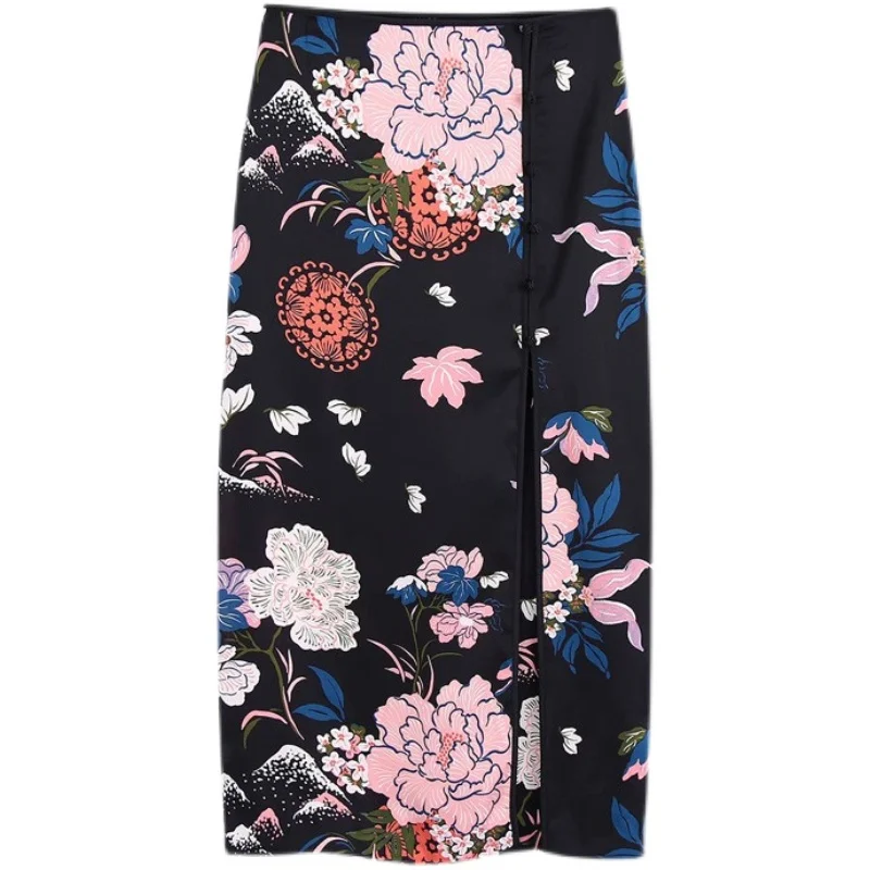 

of China, the wind classic flower printed silk texture bust skirt of tall waist split package hip skirt in the autumn