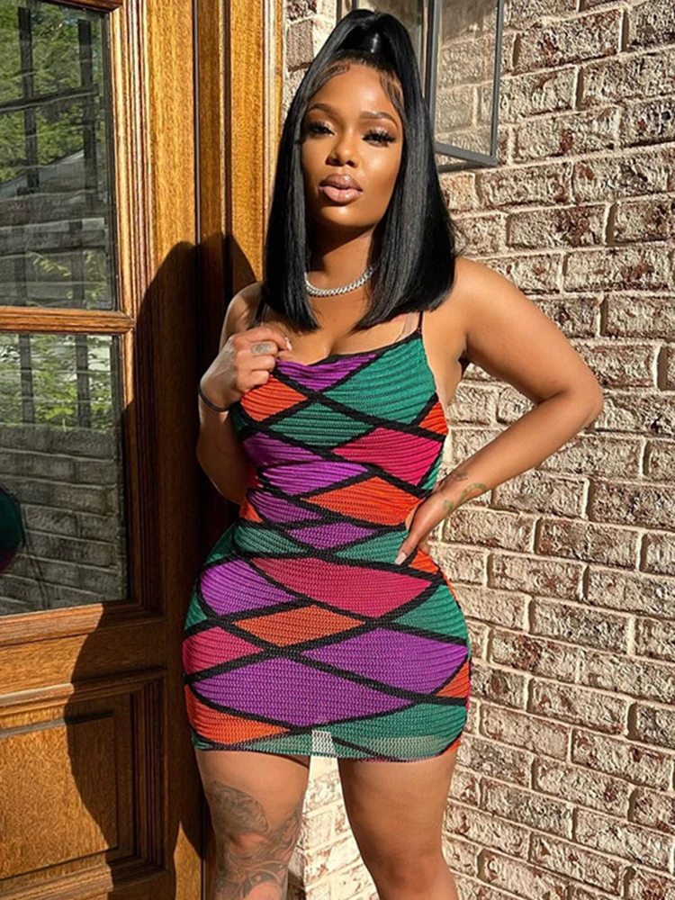 

Женское облегающее платье Sifreyr с цветным принтом и открытой спиной, пикантное обтягивающее мини-платье без рукавов на бретелях, вечерняя по...