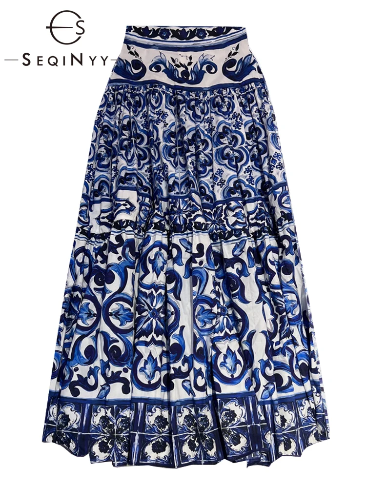SEQINYY 100% Cotton Skirt Summer Spring New Fashion Design Women Runway High Quality Dark Blue Flowers Print
