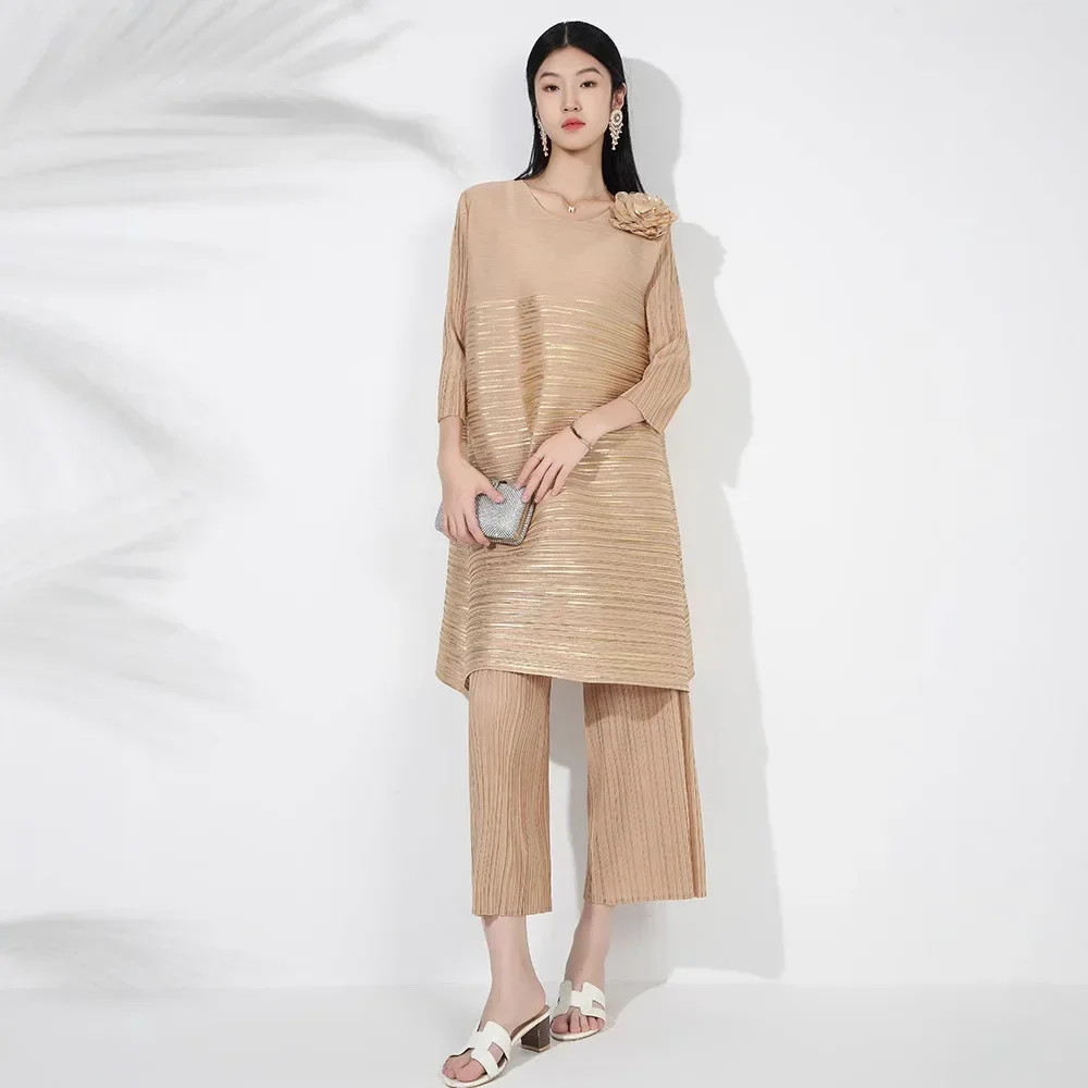 Miyake плиссированный костюм женский осенний новый высококачественный бронзовый