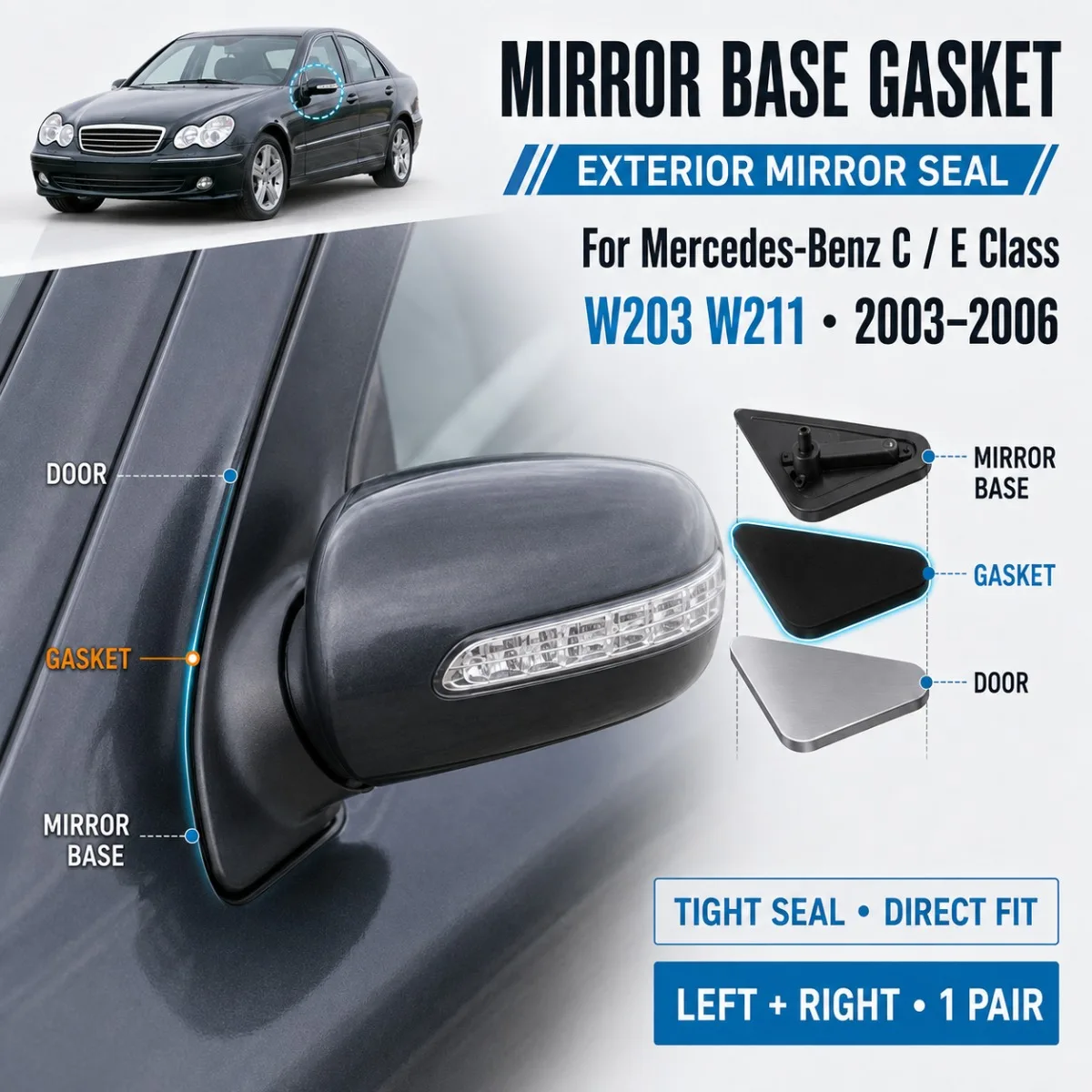 Фото 2 шт. прокладок для основания зеркала для Mercedes Benz CL203/S203/S210/W211 E/C класса W211 W203 2000-2009 годов выпуска. Резиновое уплотнение основания зеркала заднего вида. №1