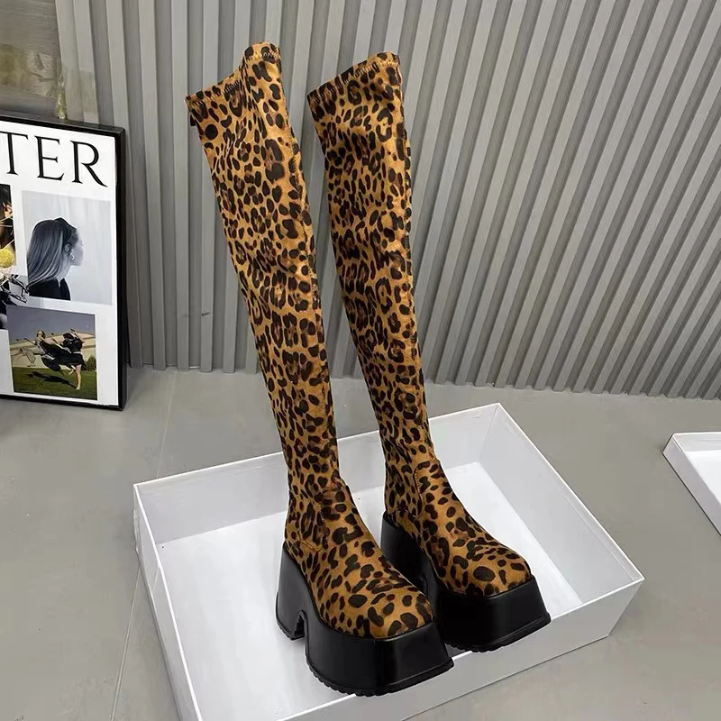 Женские высокие сапоги с леопардовой платформой массивная обувь выше колена