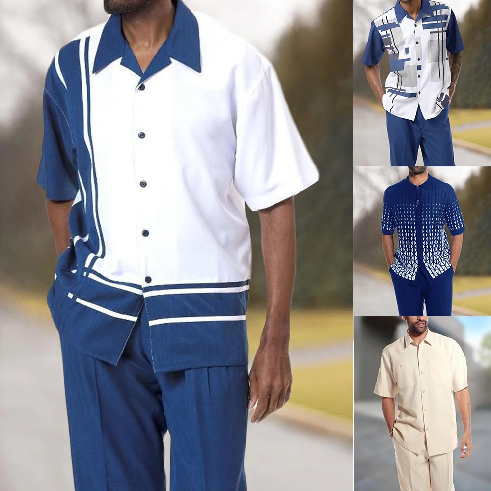 Hawaiian Beach Wind Shirt Suit Men's Vacation Fashion Print Hit Color Casual Short-sleeved Shirt Trousers Two-piece Summer