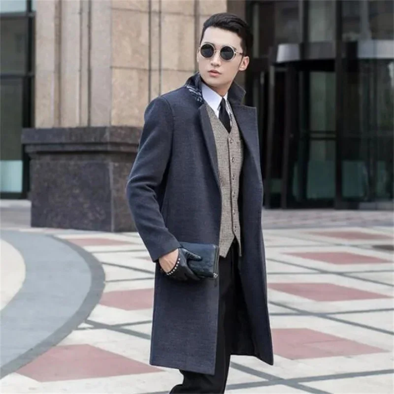 

Длинный костюм с воротником, шерстяное пальто, Мужская Повседневная ветровка без пуговиц в гонконгском стиле для молодежи среднего возраста на осень и зиму, Jaqueta Masculinas