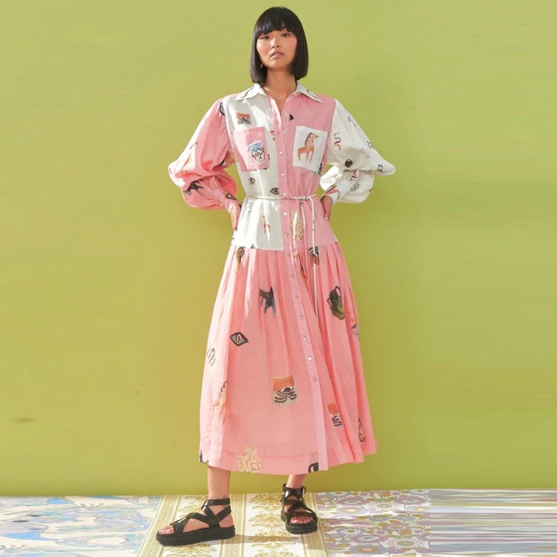 

Ladies Print Contrast Dress turn-down collar long sleeve women midi dress