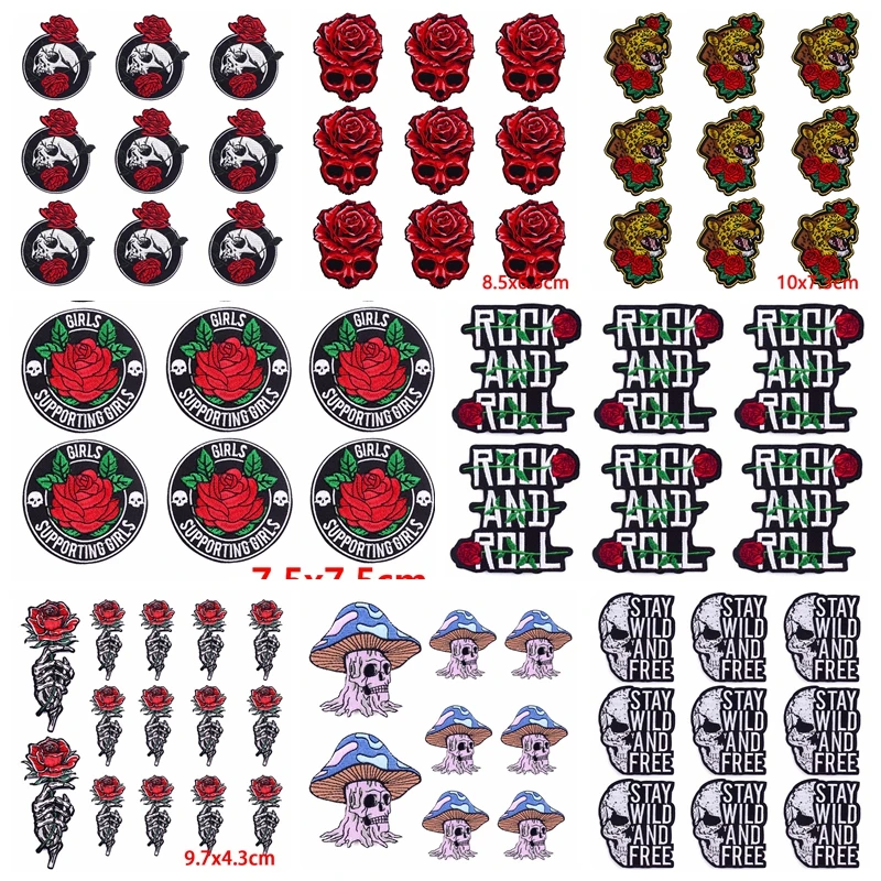 

10 pcs/lot Wholesale Rose Skull Patch Iron On Patches On Clothes Punk Skeleton Embroidered Patches For Clothing Stickers Badges