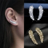 1 pair gorgeous feather ear climbers cuff earrings light luxury crystal diamonden wedding earrings for women jewelry