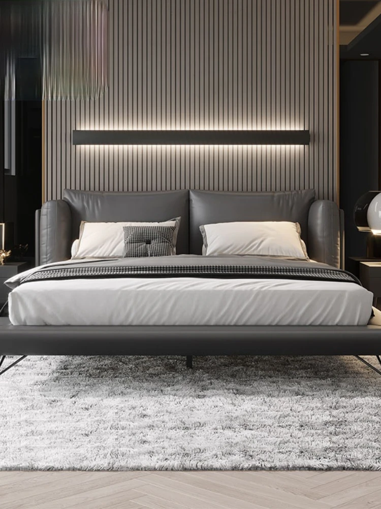 

High end Nordic leather bed Italian simple style soft back double bed master bedroom leather art bed wedding bed