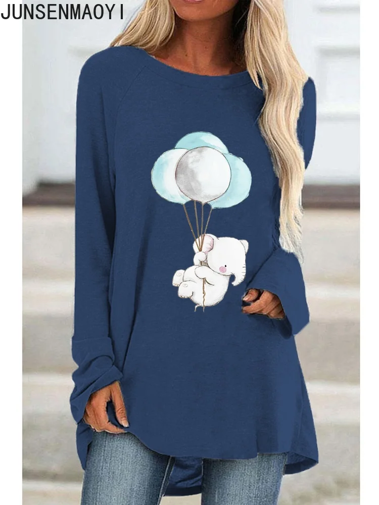 

New Elephant Balloon Print Autumn Casual And Winter Clothing for Women Long Sleeve O Neck Pullover Top Loose Tees