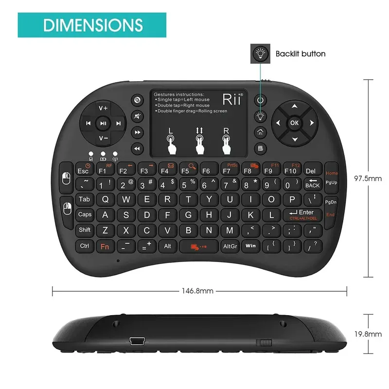Фото Мини-клавиатура Rii X8 с тачпадом для Android TV Box Smart TV/ПК/Ipad Голосовой поиск со светодиодной подсветкой RU/US Беспроводная клавиатура №2