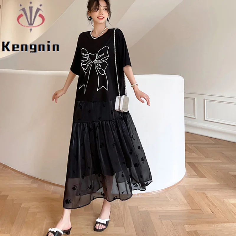 Loose Plus Size 4XL Women's Clothing 2022 Summer Butterly Print Patchwork Lace Black Pleated Dress Female Robe Vestido KE2823 - купить по