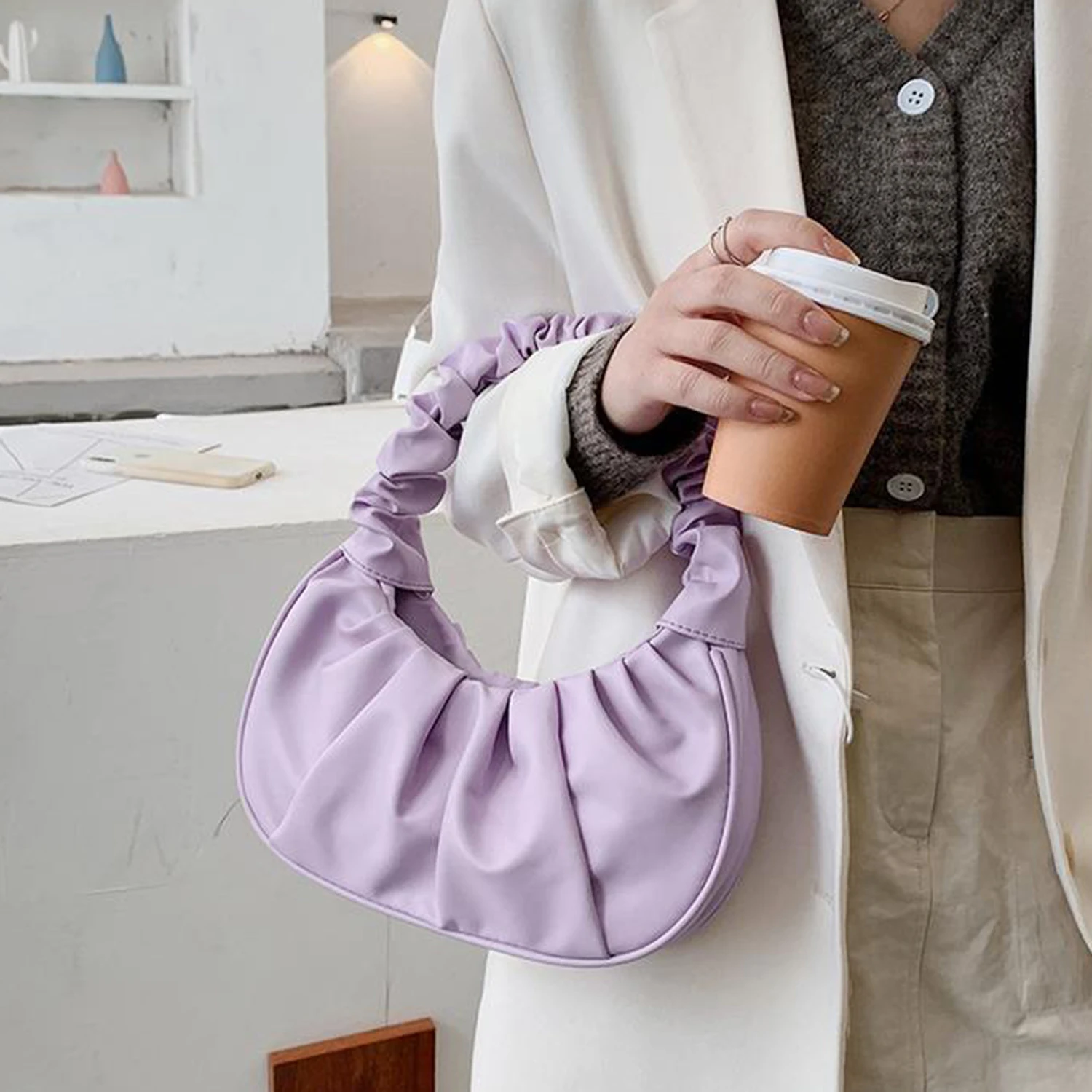 

New Solid Color Cloud Pleated Handlebags For Women PU Bags Leisure Armpit Bag Shopping Shoulder Bags Dumpling Handbag Female