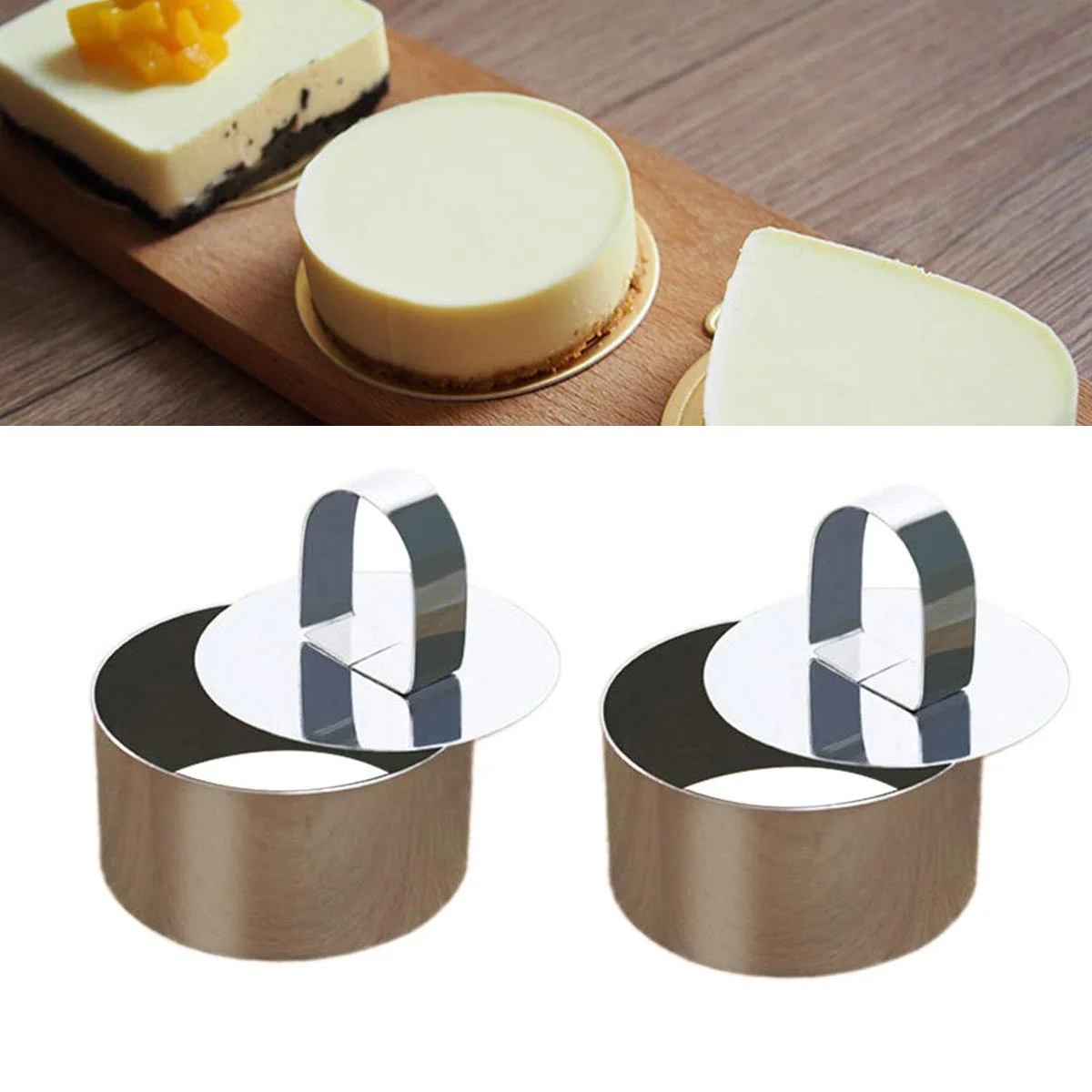 

2 Pcs Stainless Steel Dessert Mousse Mold Food Tower Presentation Cooking Ring Cake Cutters with Pusher (Round)