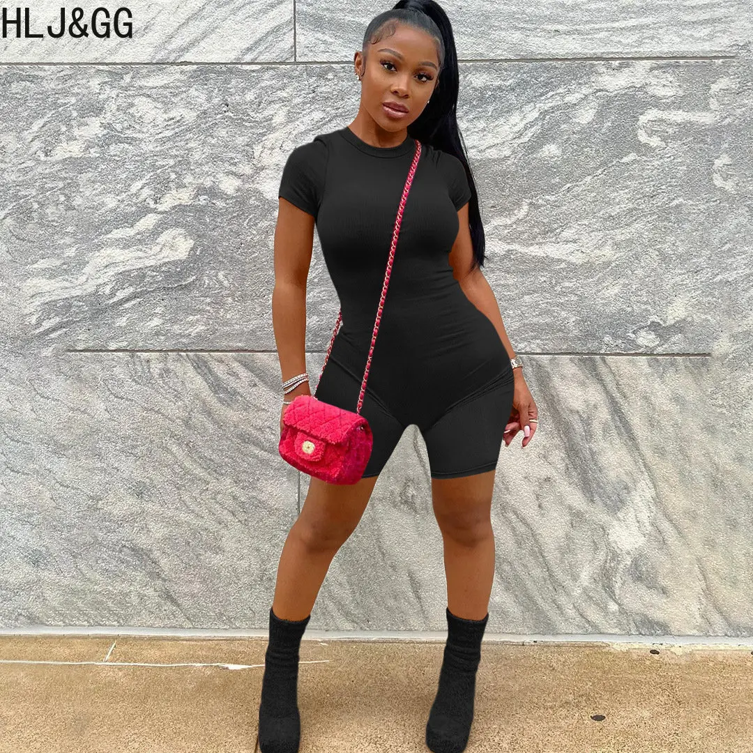 HLJ&GG Women Ribber Elasticity Bodycon Rompers Casual Round Neck Short Sleeve Slim Jumpsuits Summer Solid Color Sporty Overalls