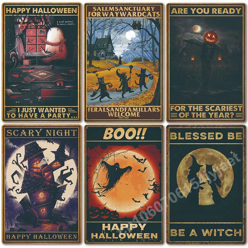 

Halloween Pumpkin Tin Metal Sign Poster Pub Shop Witch Painting Pictures Art Wall Aesthetic Party Decoration Metal Plates Mural