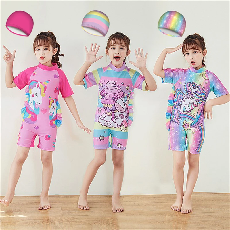 One Piece Swimsuits With Swimming Hat 2PCS Set Girls Swimwear Kids Bathing Suit Cartoon Unicorn Swimming Clothes Baby Beachwear