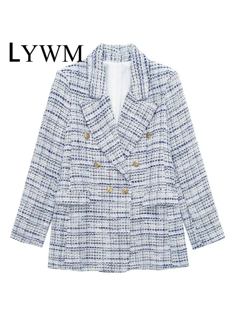 

LYWM Women Fashion With Pockets Texture Blazer Vintage Notched Neck Double Breasted Long Sleeves Female Chic Lady Outfits
