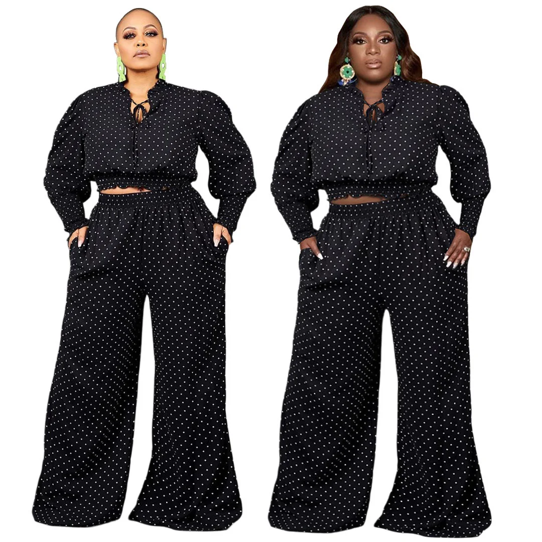 Plus Size Xl-5xl Fall Clothes for Women Two Piece Set Black Casual Dot Long Sleeve Top and Wide Leg Pants 2 p 3xl 4xl 5xl 6xl