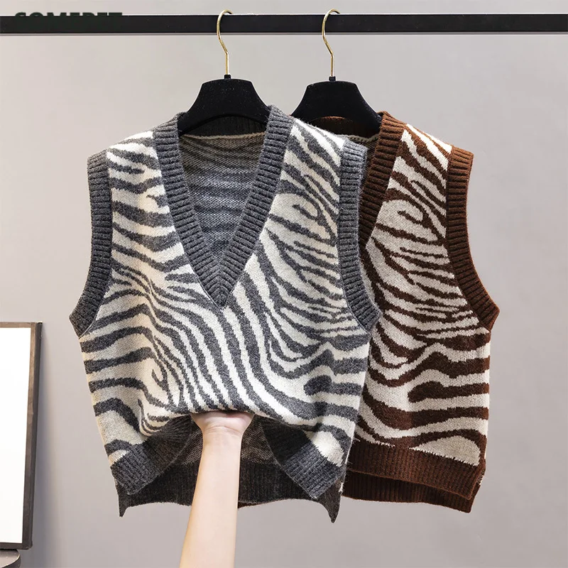 

V-Neck Knitted Vest Women New Korean Fashion Zebra Pattern Sleeveless Sweaters Waistcoat for Outwear Spring Autumn