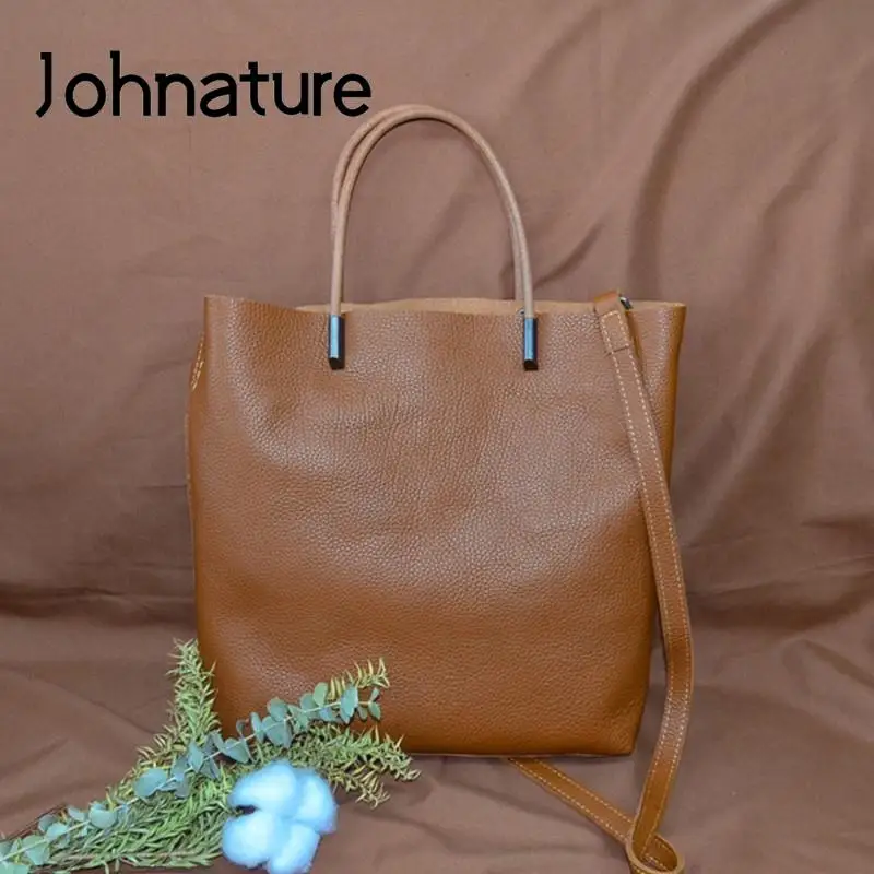 Johnature Casual Tote Genuine Leather Women Bag 2022 New Versatile Natural Soft Cowhide Solid Color Large Capacity Shoulder Bags