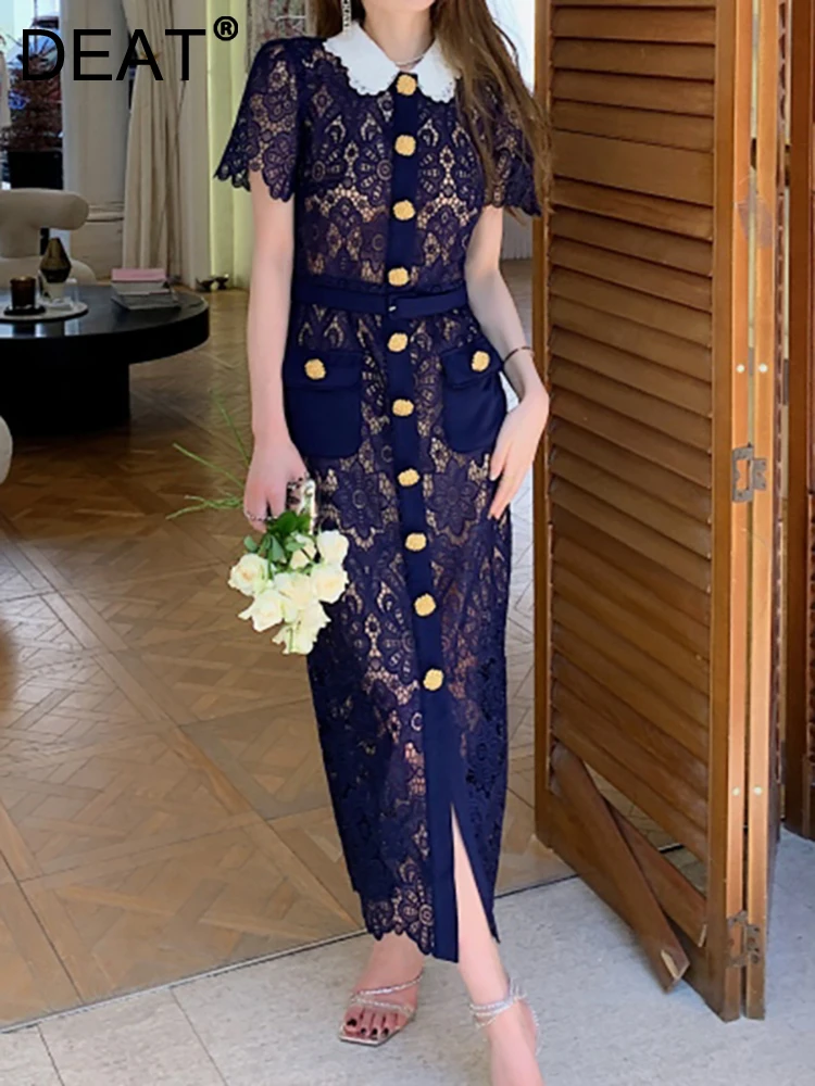 

[DEAT] Women's Evening Dress Lapel Short Sleeve Embroidery Hollow Out Single Breasted Fashion Dresses Summer 2023 New 13DB1587