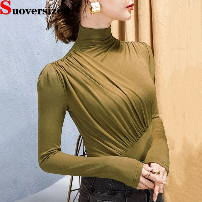 

Элегантные женские Модальные футболки с высоким воротником на осень и зиму корейские повседневные шикарные футболки облегающие эластичны...
