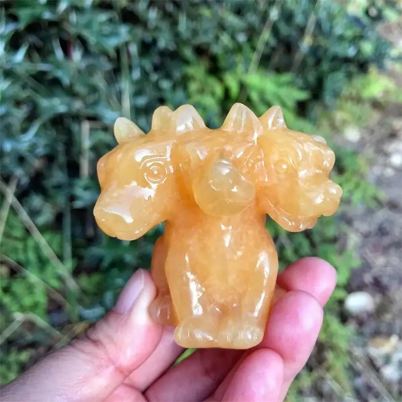 

Natural Yellow Calcite Crystal Wolf Cerberus Crystal and Healing Stone Carved Animal Statue Home Room Decoration 1pcs