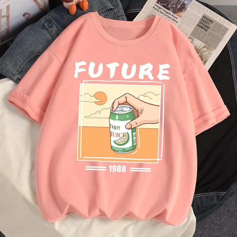 

100% Cotton T-shirts Summer Harajuku y2k Tees Clothes Loose Anime Kawaii 1988 Fruit Juice Print Short Sleeved T Shirt Women Tops