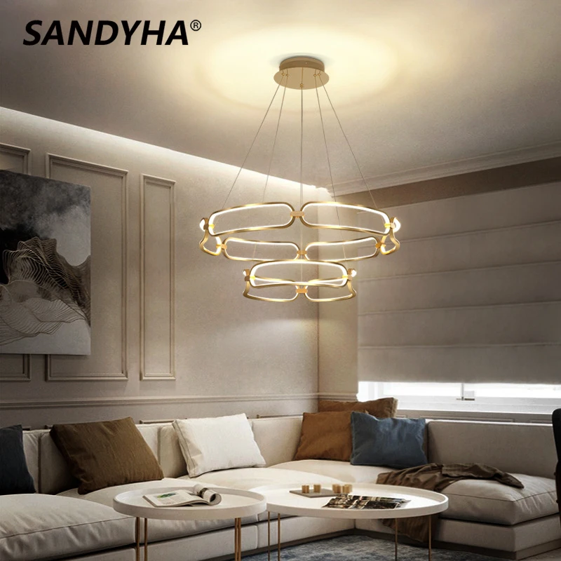 SANDYHA Pendant Light Modern Simple Atmosphere New Chandelier Led Ring Lamp for Bedroom Living Room Lustre Salon Design Luxe