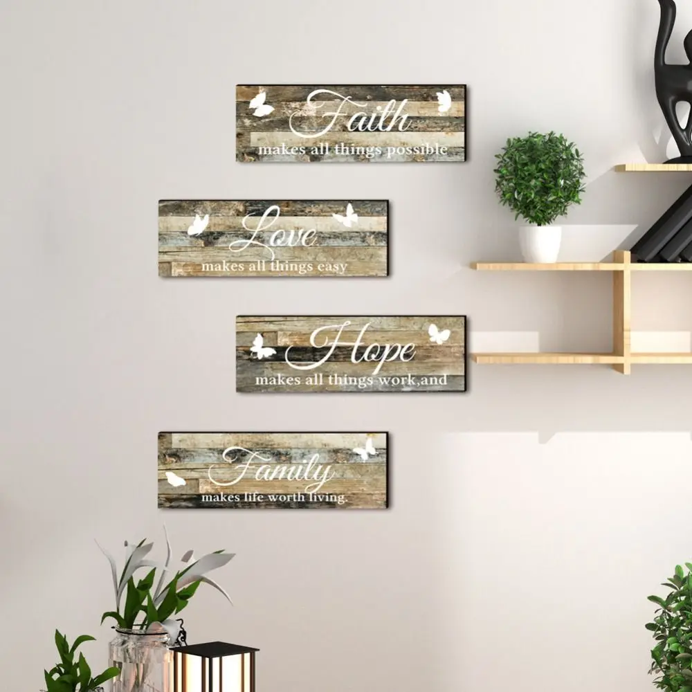 

4 Pieces Farmhouse Wooden Sign Family Love Faith Hope Butterfly Rustic Plaque Wall Art Decor For Front Porch Door Decoration