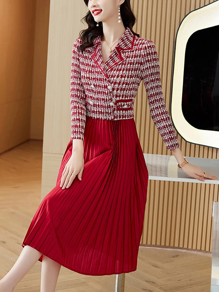 Women Red Bird Lattice Patchwork Midi Pleated Dress 2023 Black Korean Vintage Hepburn Dress Autumn Winter Elegant Bodycon Dress