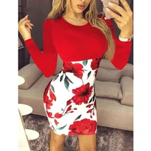 Senhoras floral imprimir vestido apertado manga longa hip vestido de festa apertado (4)