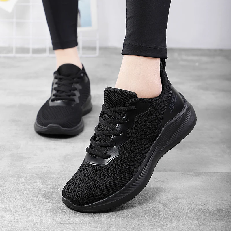 Sneakers Ladies Walking Shoes Lightweight Lace Up Outdoor Sneakers Mesh Breathable Flats White Tennis Shoes Mesh (Air mesh)