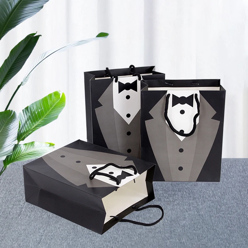 Esmoquin de papel de 5 piezas para novio, bolsas de mano de agradecimiento, color blanco y negro, para boda, fiesta nupcial, novio, dama de honor, suministros de embalaje de regalo
