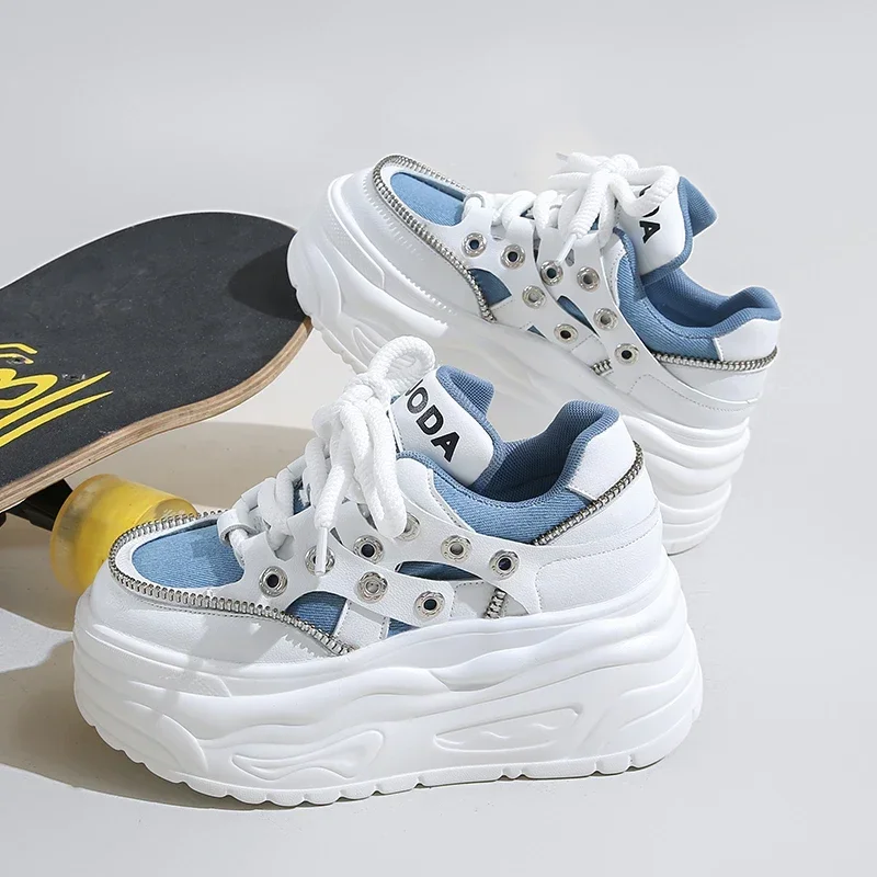 Женские туфли на танкетке 8 см Вулканизированная подошва высокий каблук шнуровка