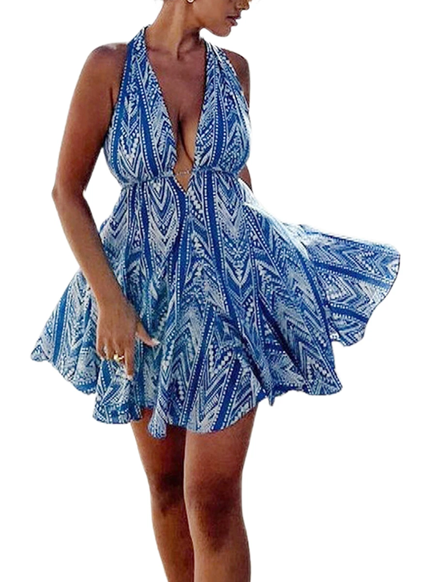 

Женское винтажное мини-платье Y2k, плиссированное ТРАПЕЦИЕВИДНОЕ ПЛАТЬЕ с цветочным принтом, на бретелях-спагетти, с лямкой на шее и вырезом на спине
