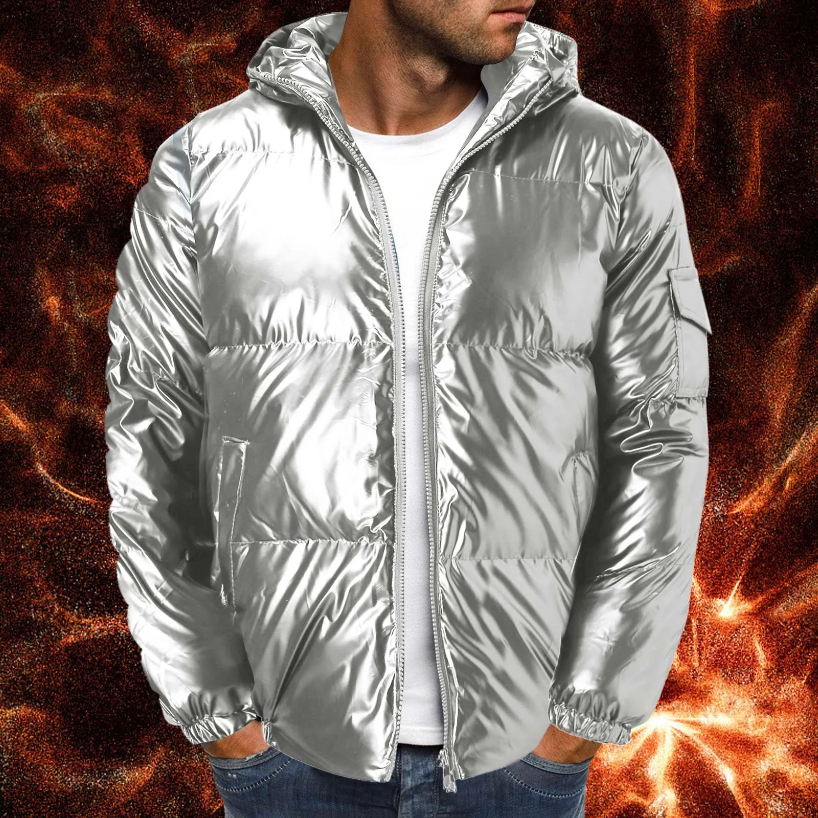 

Coat Trendy Color Cotton Solid Men's Padded Reflective Shiny Coat Hooded Men's